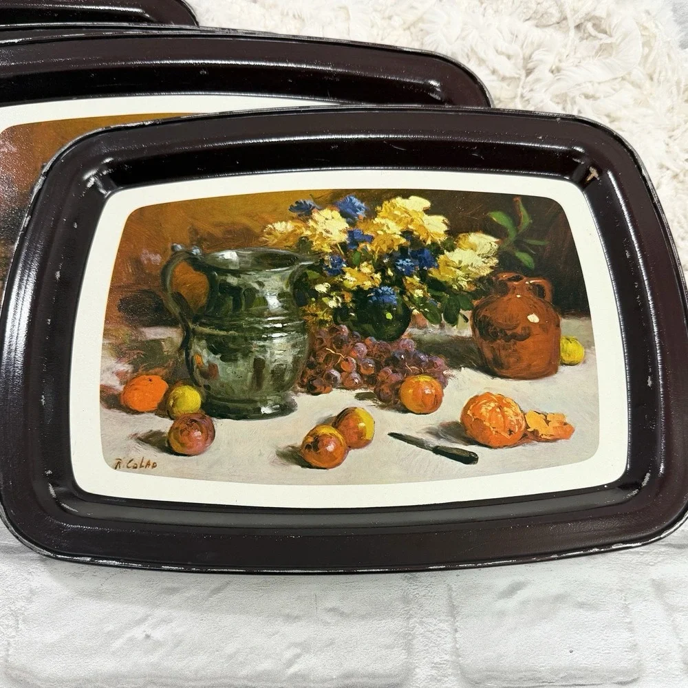 Vtg‎ Metal Autumn TV Food Trays Fruits Flowers  Farmhouse Cottagecore Set Of 8